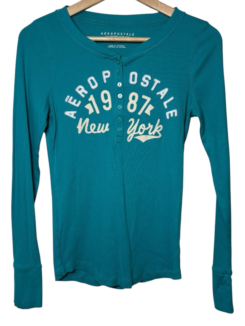 Aeropostale Long Sleeve Henley Tee Shirt Small Teal 1987 New York Knit Y2K VTG